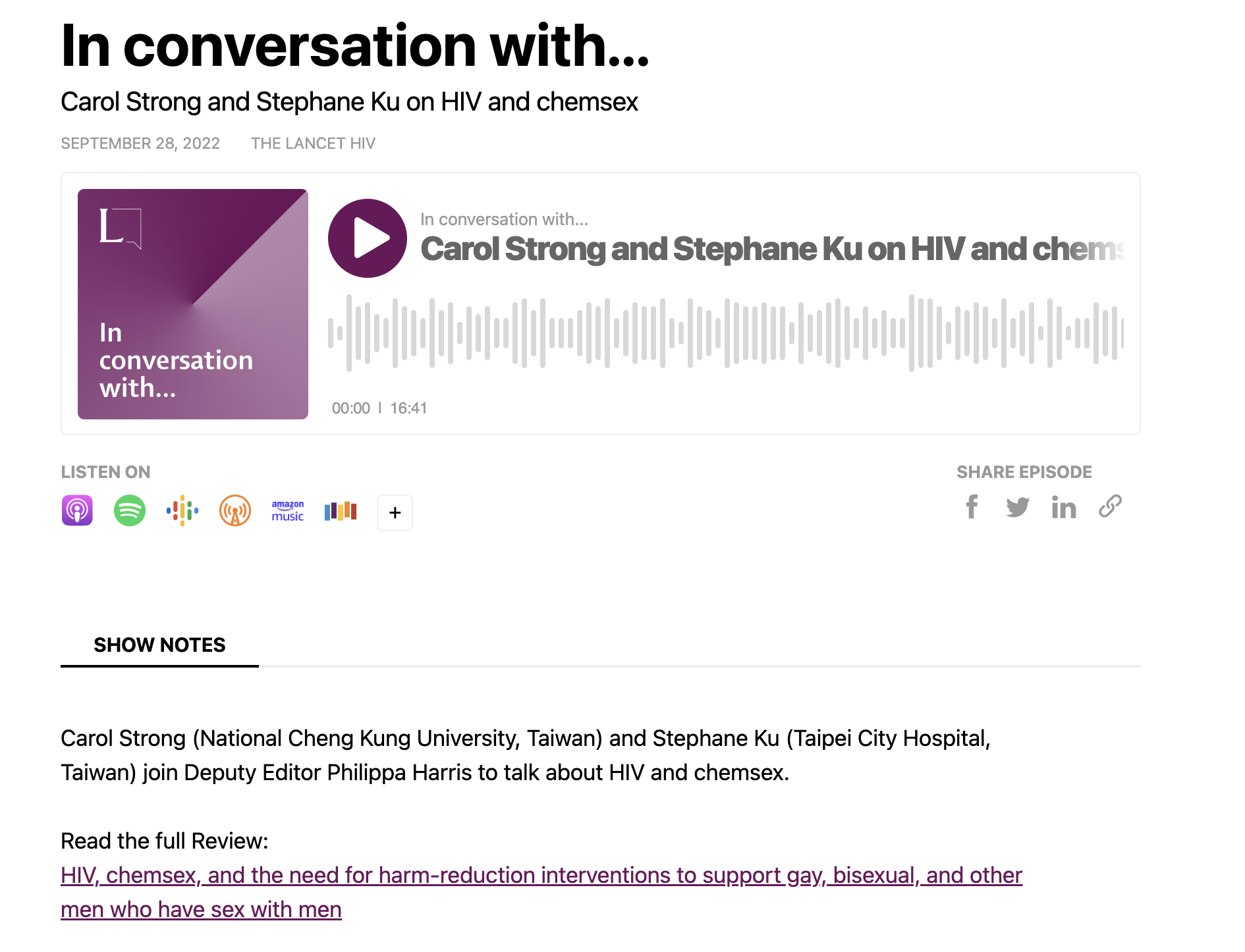 The Lancet HIV Podcast interview with Associate Professor Carol Strong on chemsex, posted on September 28th