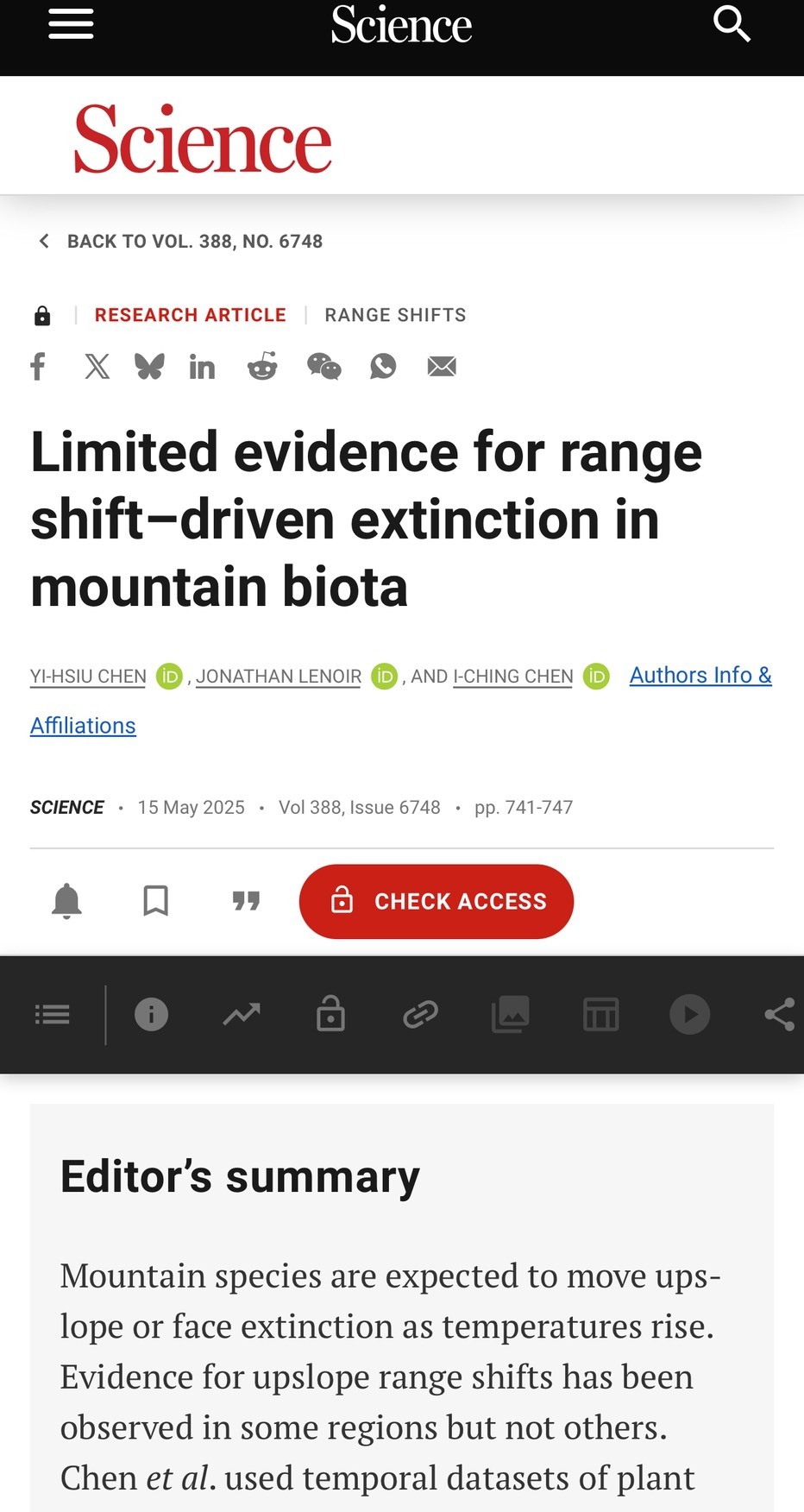 學術界頂尖《科學(Science)》期刊,今(16)日刊登氣候暖化如何影響全球山區生物多樣性的最新發現,挑戰過去經典假說、引發關注