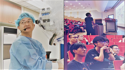 李榮順醫師首度運用創新教室實際示範腦神經解剖的手術，同時連線到第四講堂給所有學生看